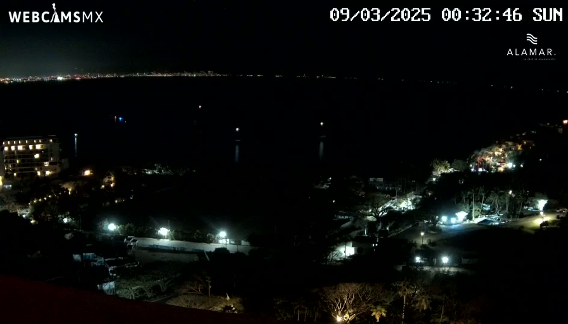 A nighttime, high-angle view of a coastal city, showing a dark body of water with city lights on the horizon and illuminated buildings and vegetation in the foreground.
