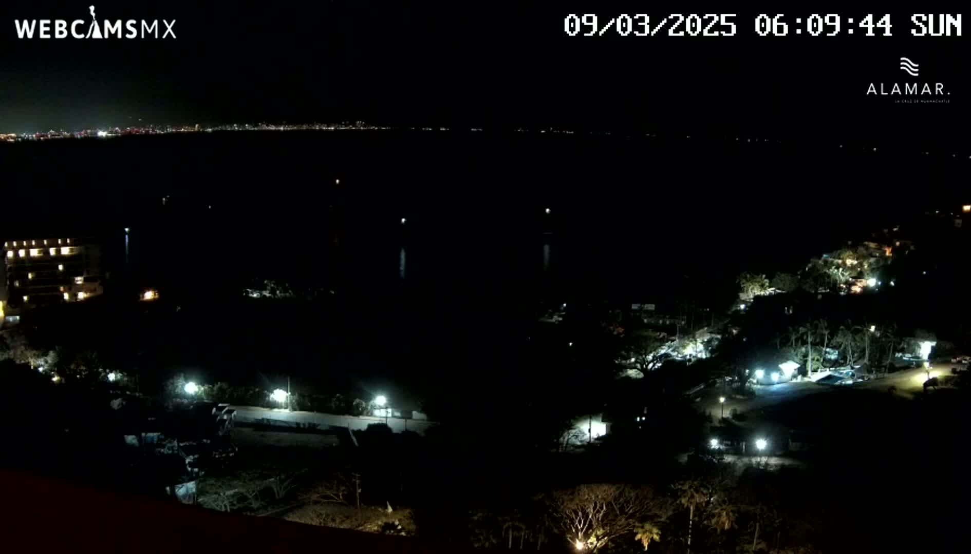 A nighttime view of a coastal area shows a dark body of water with a distant city skyline, illuminated buildings and trees closer to the foreground.