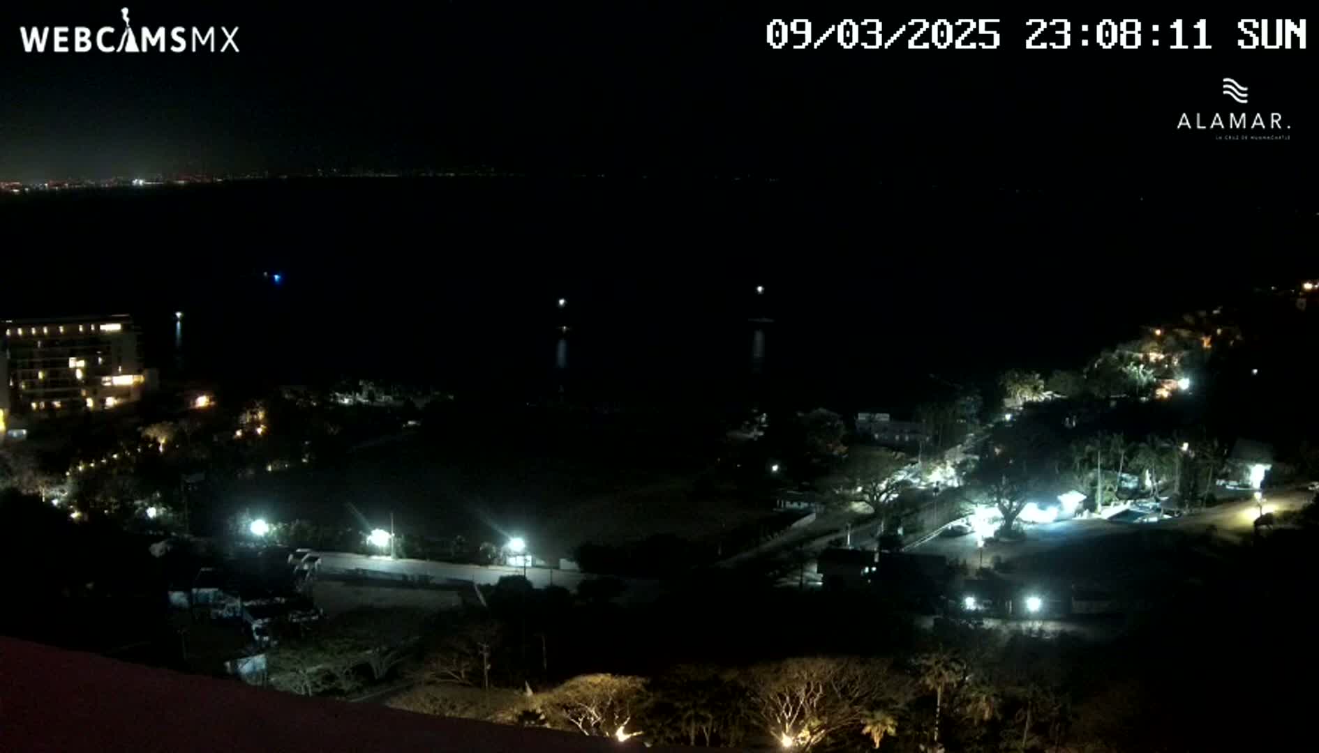 A nighttime view of a coastal area shows a dark body of water, a lit-up resort, and surrounding vegetation under a clear sky.