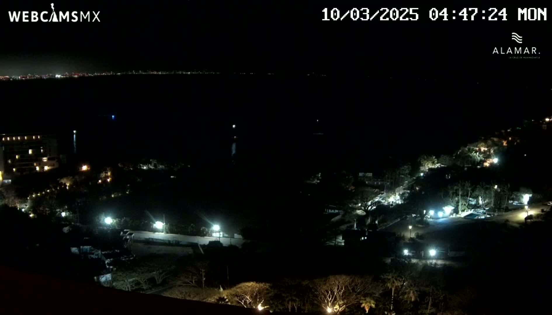 A nighttime view of a coastal town with sparsely lit buildings and vegetation, overlooking a dark body of water under a clear sky.