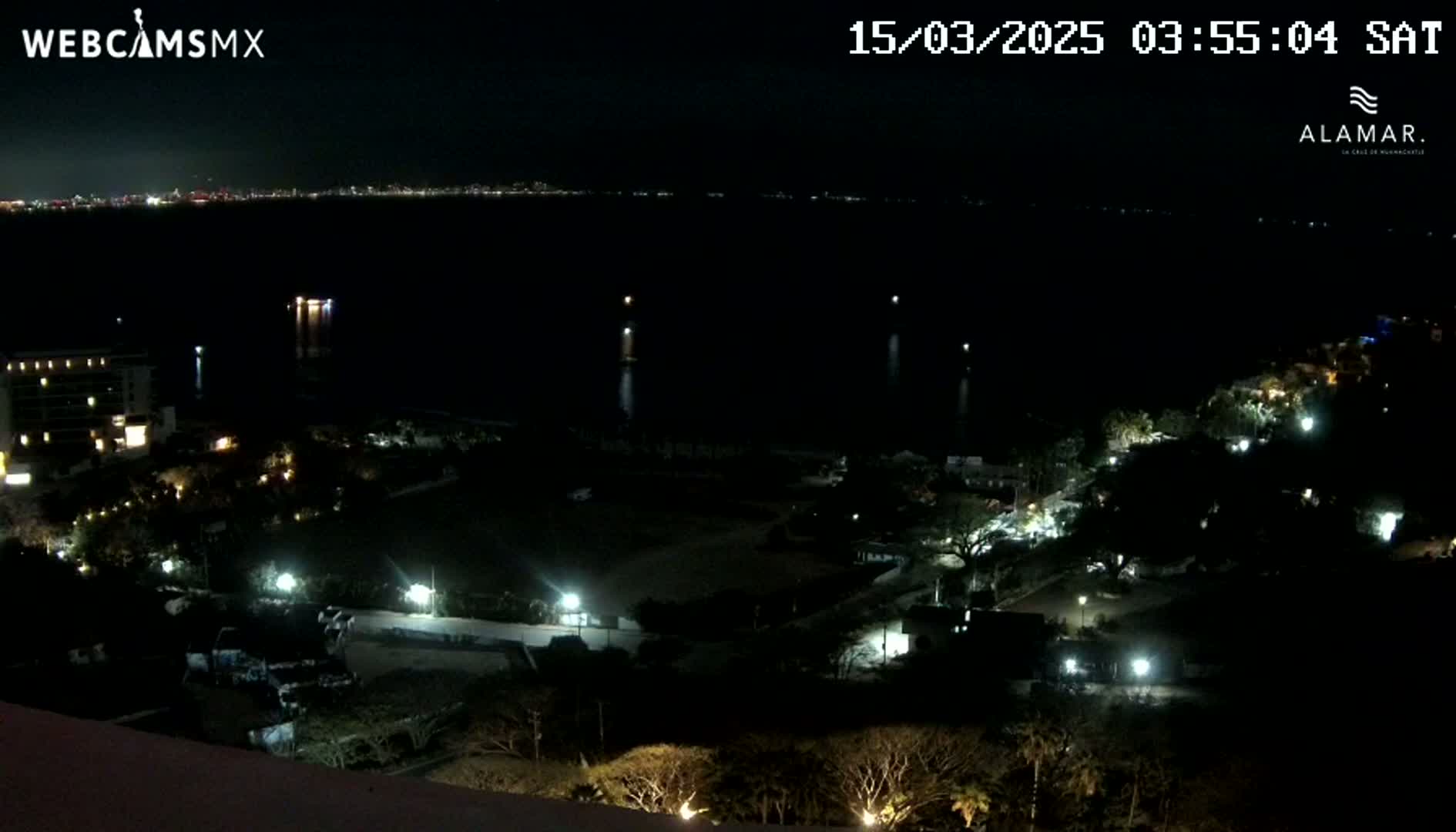 A nighttime view shows a dark body of water with a distant city skyline, and a coastal area with sparsely lit buildings and vegetation under a clear, dark sky.