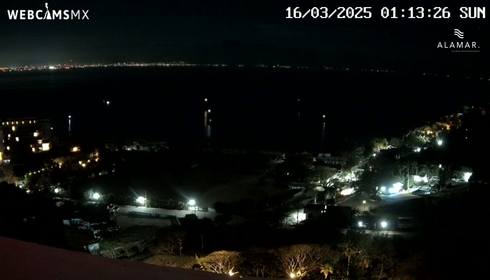 A nighttime, aerial view of a coastal area shows a dark body of water with a distant city skyline, and a sparsely lit shoreline with buildings and vegetation.