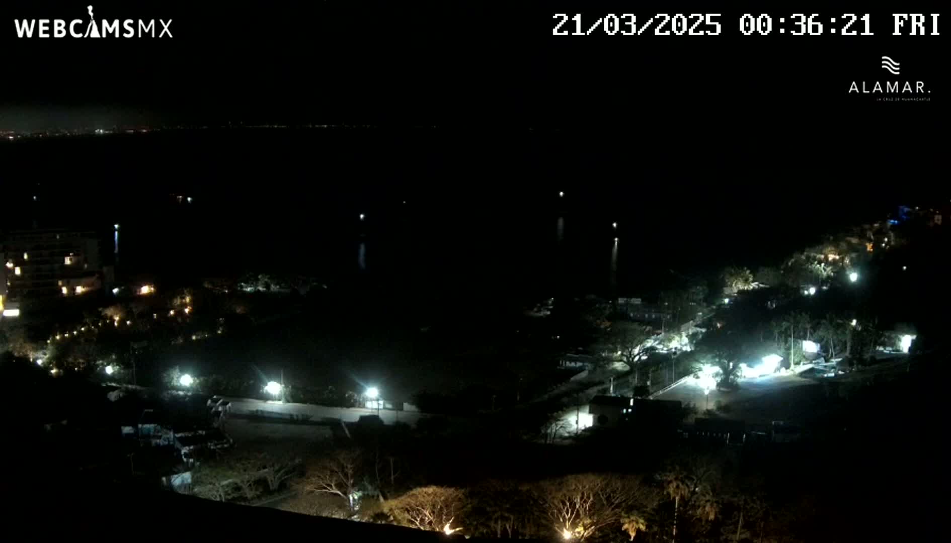A nighttime, high-angle view of a coastal area with dimly lit buildings and vegetation, overlooking dark water.
