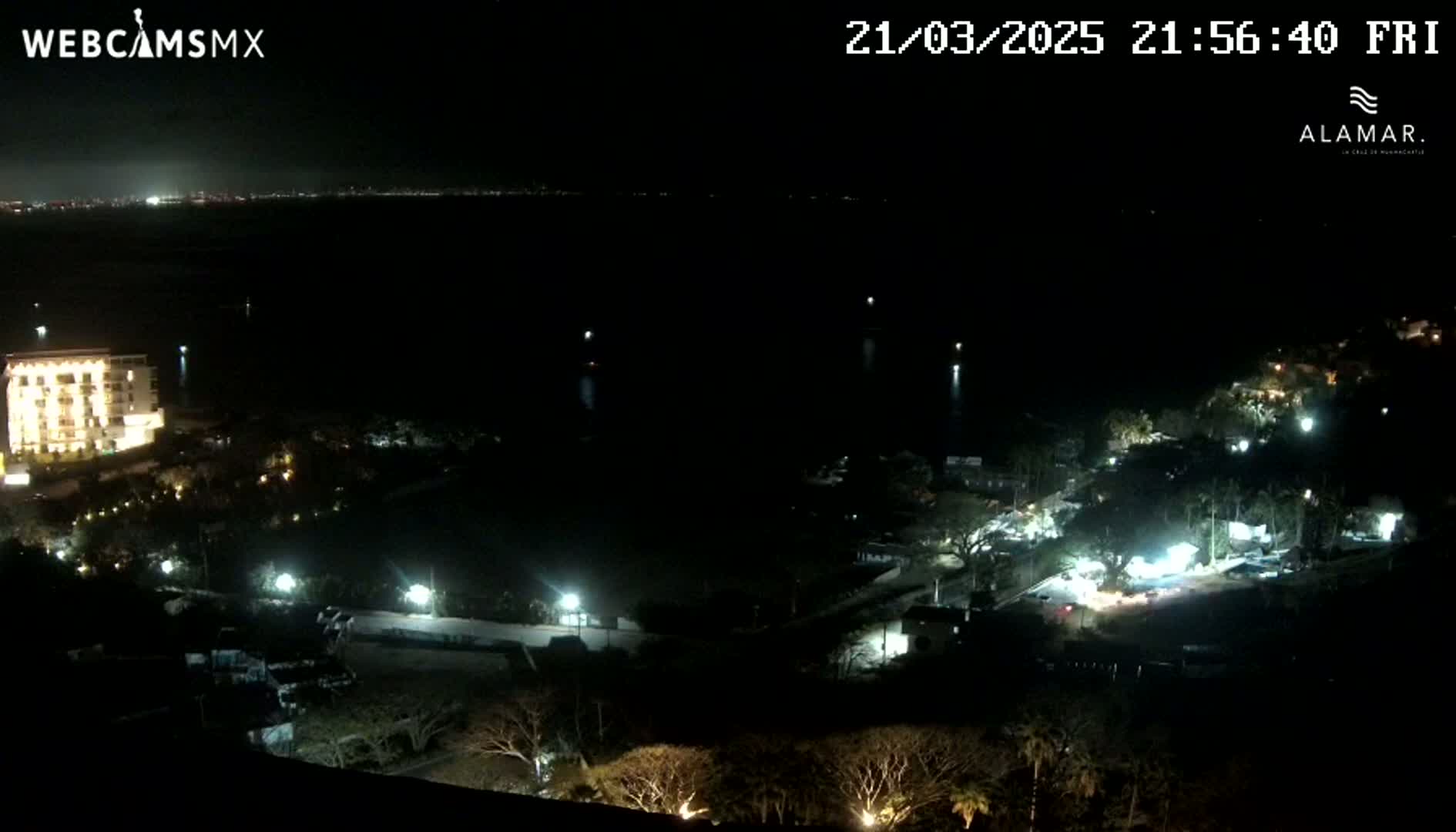 A nighttime aerial view shows a coastal area with buildings, trees, and a body of dark water under a clear sky.