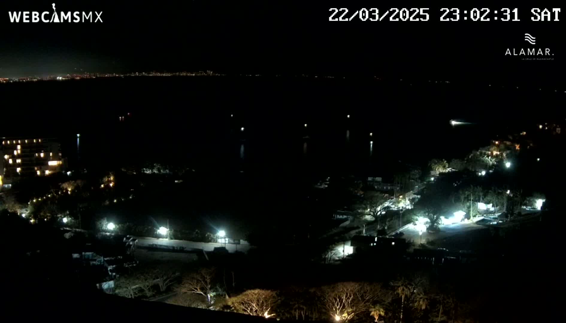 A nighttime, high-angle view shows a dark body of water with a few lights on it, a coastline with sparsely lit buildings and trees, and a distant, faintly lit city skyline.