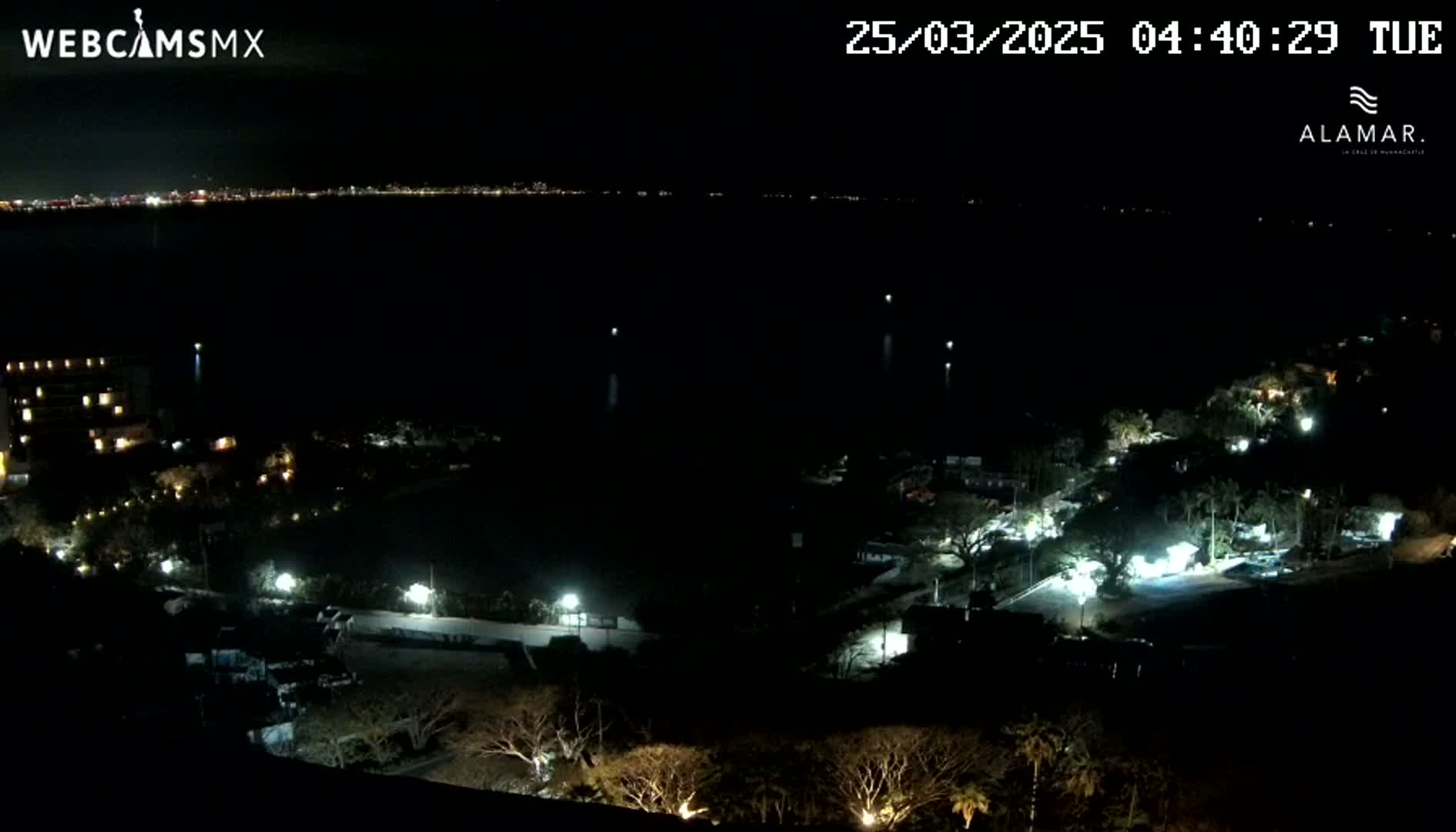 A nighttime view of a coastal area shows a dark body of water with city lights in the distance, and sparsely lit buildings and vegetation closer to the viewer.