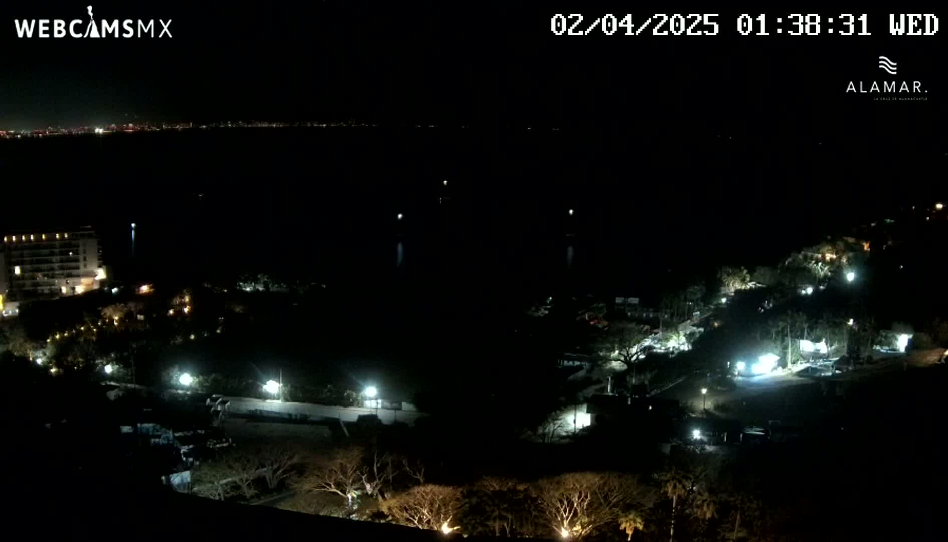 A nighttime, high-angle view shows a dark body of water, a coast with sparsely lit buildings and trees, and a distant city skyline faintly visible on the horizon.