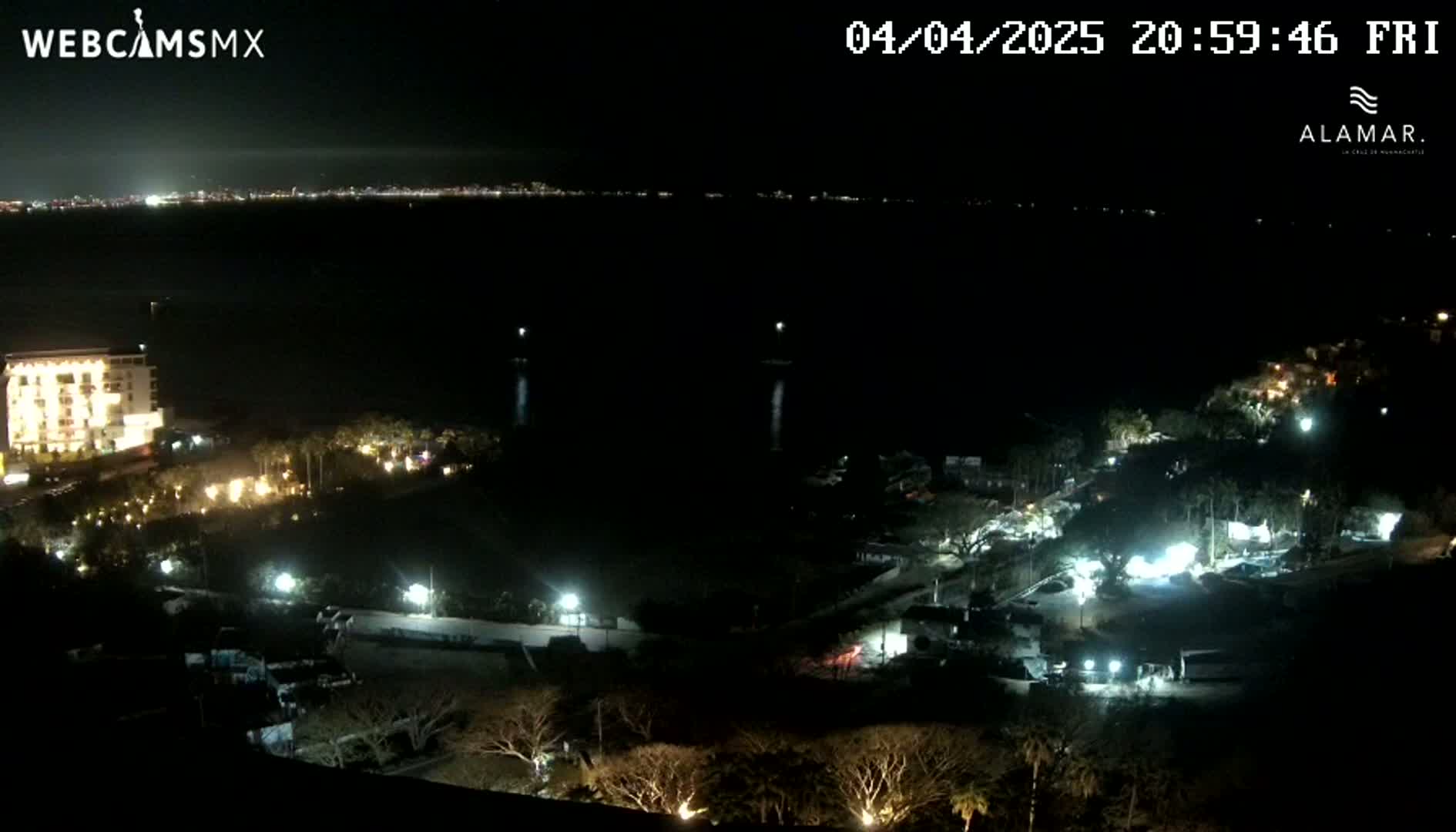 A nighttime, high-angle view shows a dark body of water with a city skyline visible in the distance, illuminated buildings and vegetation closer to the foreground.