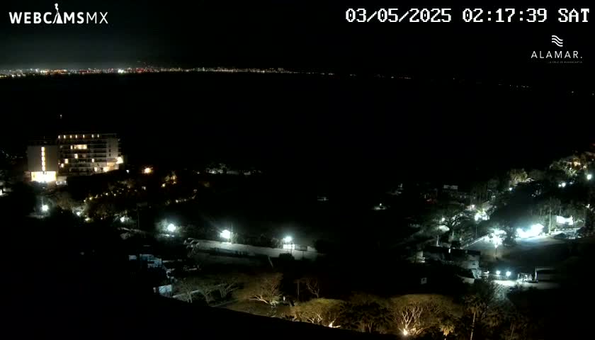 A nighttime, high-angle view shows a lit-up hotel and surrounding grounds, with a distant city skyline visible on the horizon under a clear, dark sky.