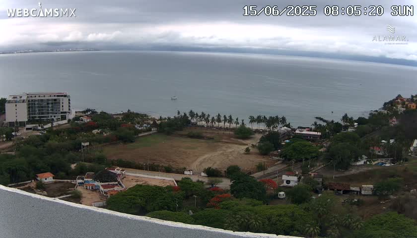 An elevated view shows a calm ocean under an overcast sky, a beach lined with palm trees, and a coastal area with buildings and dry, brown fields.