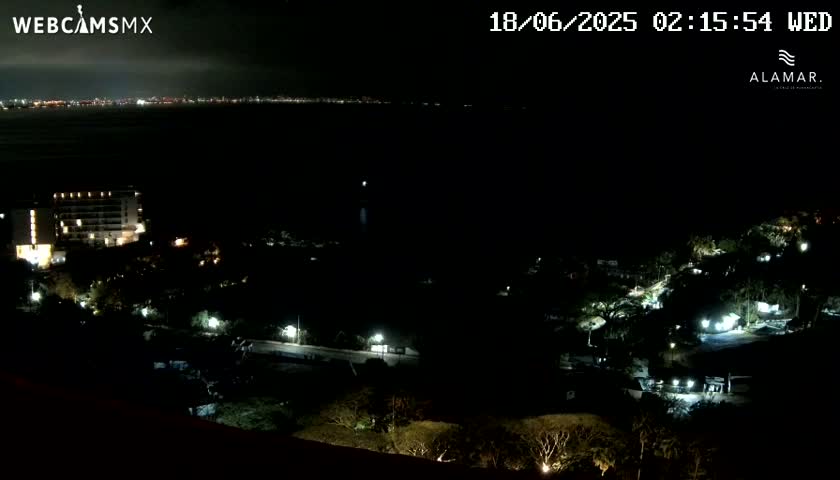 A nighttime, slightly cloudy view of a coastline with a city in the distance, a hotel, and surrounding vegetation illuminated by artificial lights.