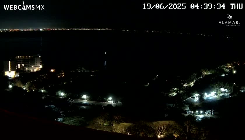 A nighttime view of a dark, tree-covered area with a brightly lit hotel and a body of water reflecting distant city lights in the background under a clear sky.