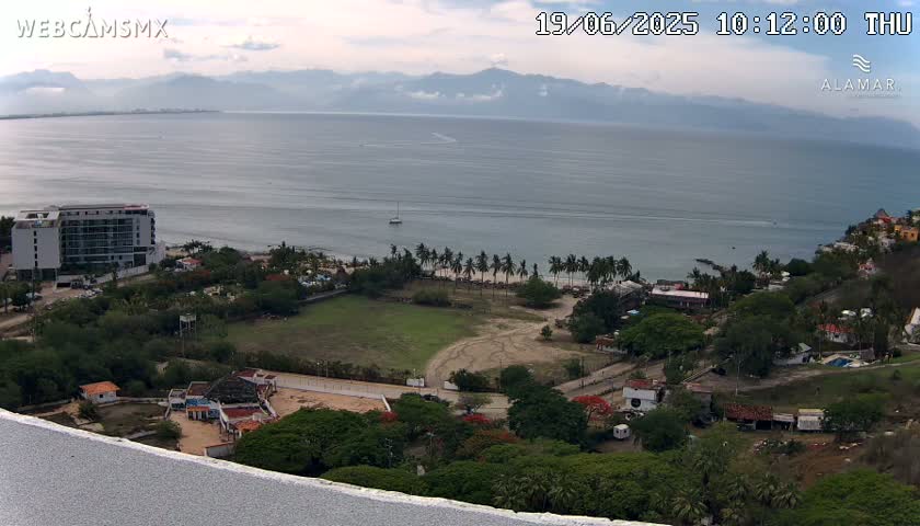 An elevated view shows a calm ocean, a sandy beach lined with palm trees, a hotel, other buildings, and green vegetation under an overcast sky.