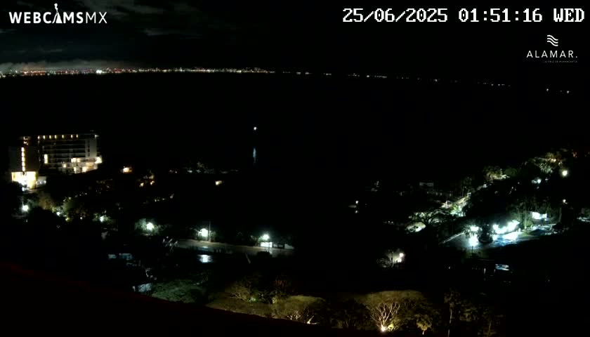 A nighttime view of a coastline with a city in the distance, a large building, and a dark landscape with scattered lights under a mostly clear sky.