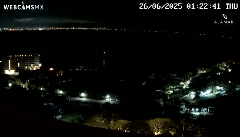 A nighttime, high-angle view shows a coastal area with a lit-up hotel and other buildings, surrounded by dark vegetation, overlooking a distant city skyline across a body of water.