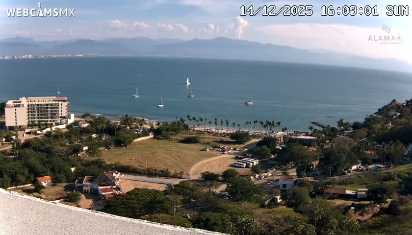 The image captures a clear nighttime view of a coastal area, featuring a brightly lit building and illuminated landscaping in the foreground, with a distant city skyline across a dark body of water.