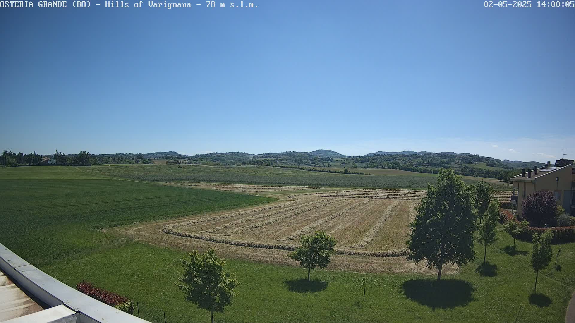 A sunny day reveals a field of freshly cut hay arranged in neat rows, bordered by green fields and rolling hills under a clear blue sky.