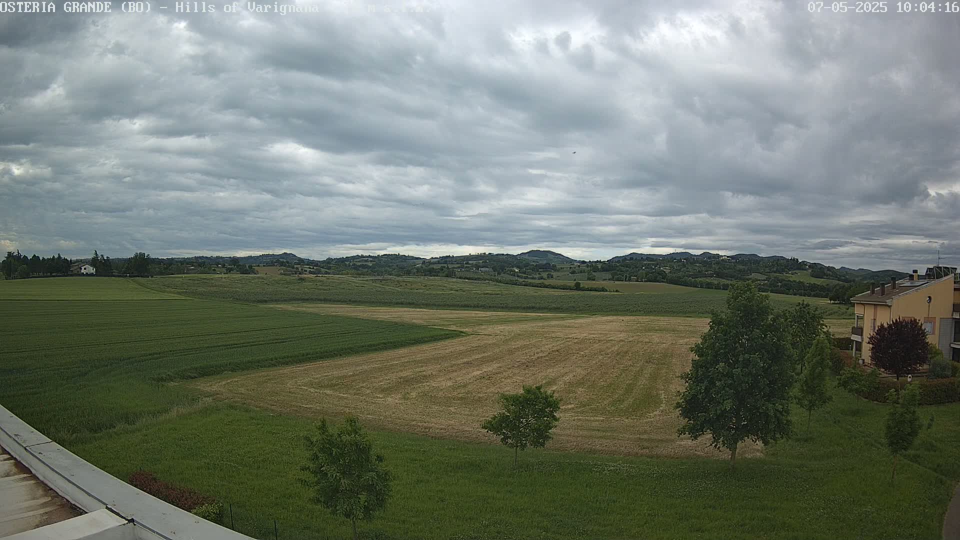 A view of rolling green and brown fields under a cloudy sky, with a few trees and a building visible in the distance.