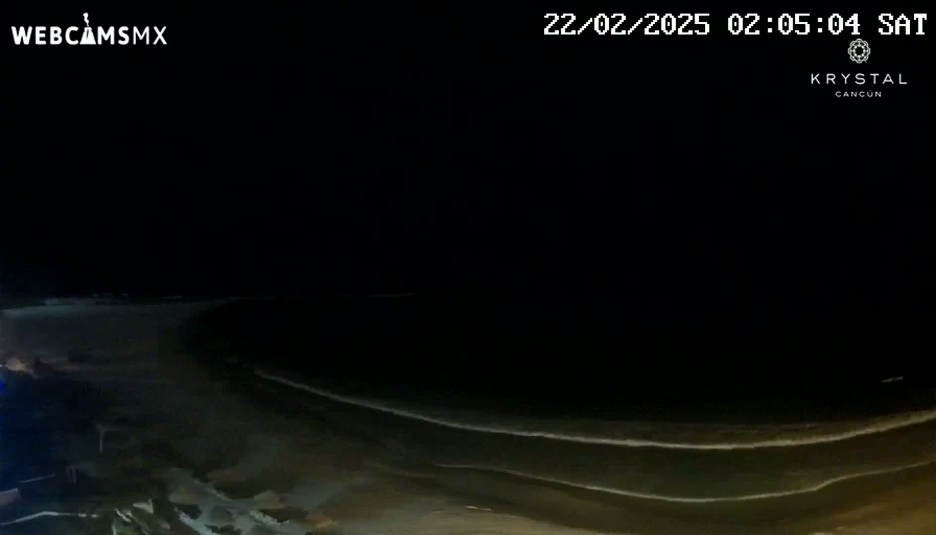 A dark, nighttime beach scene shows gently lapping waves on the shore under a clear, starless sky.