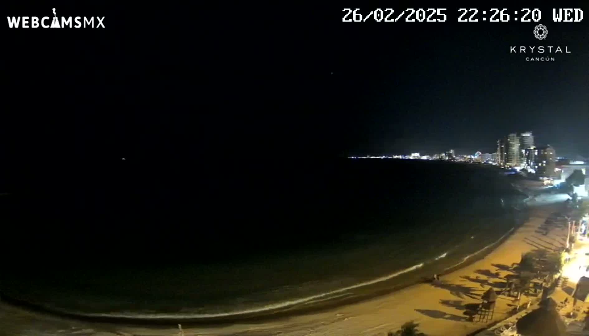 A nighttime view of a dark ocean shore with a sandy beach, gently lapping waves, and city lights in the distance under a clear, dark sky.