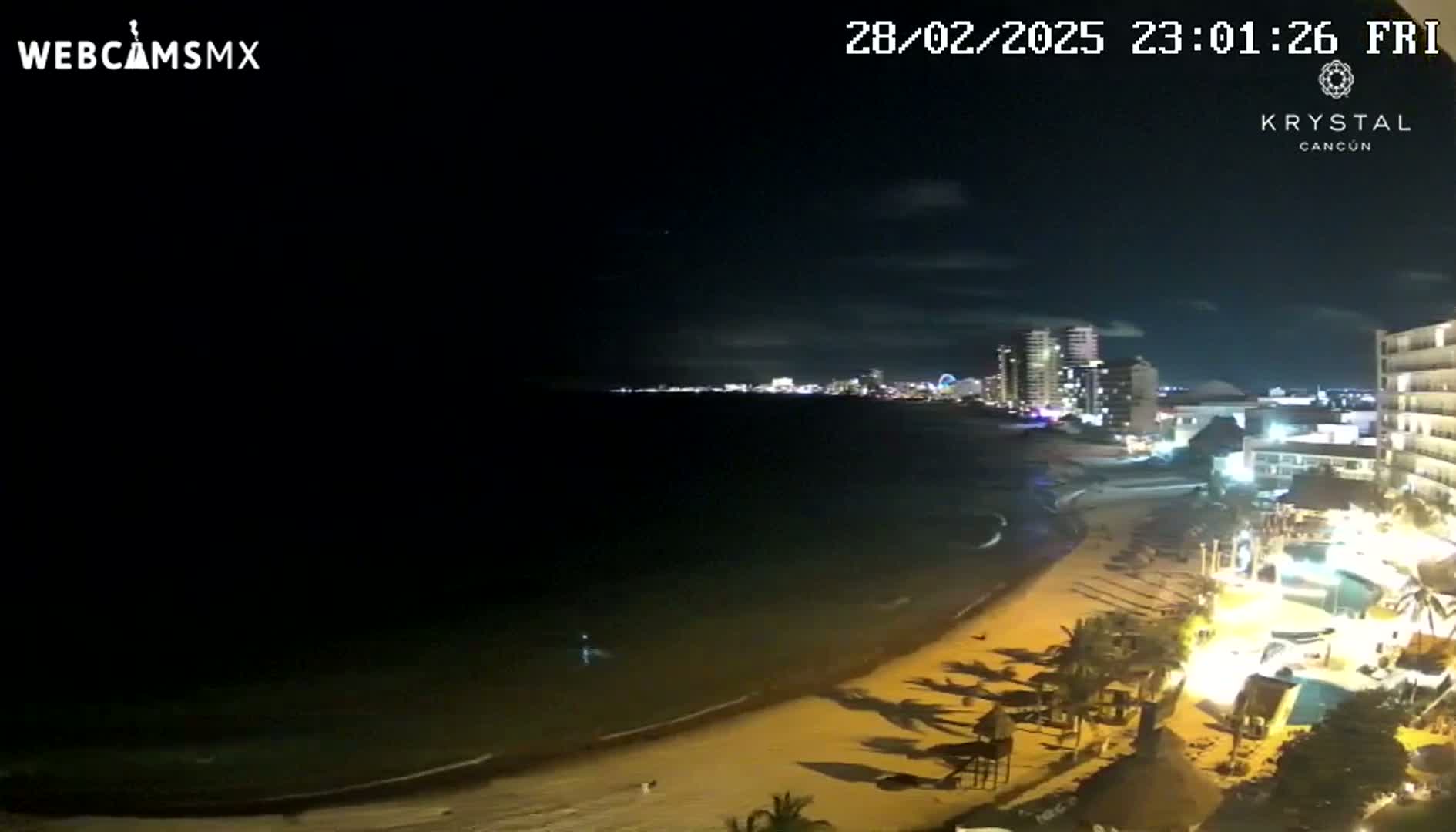 A nighttime view of a beach with calm water, illuminated buildings along the shore, and palm trees casting shadows on the sand under a mostly clear sky.