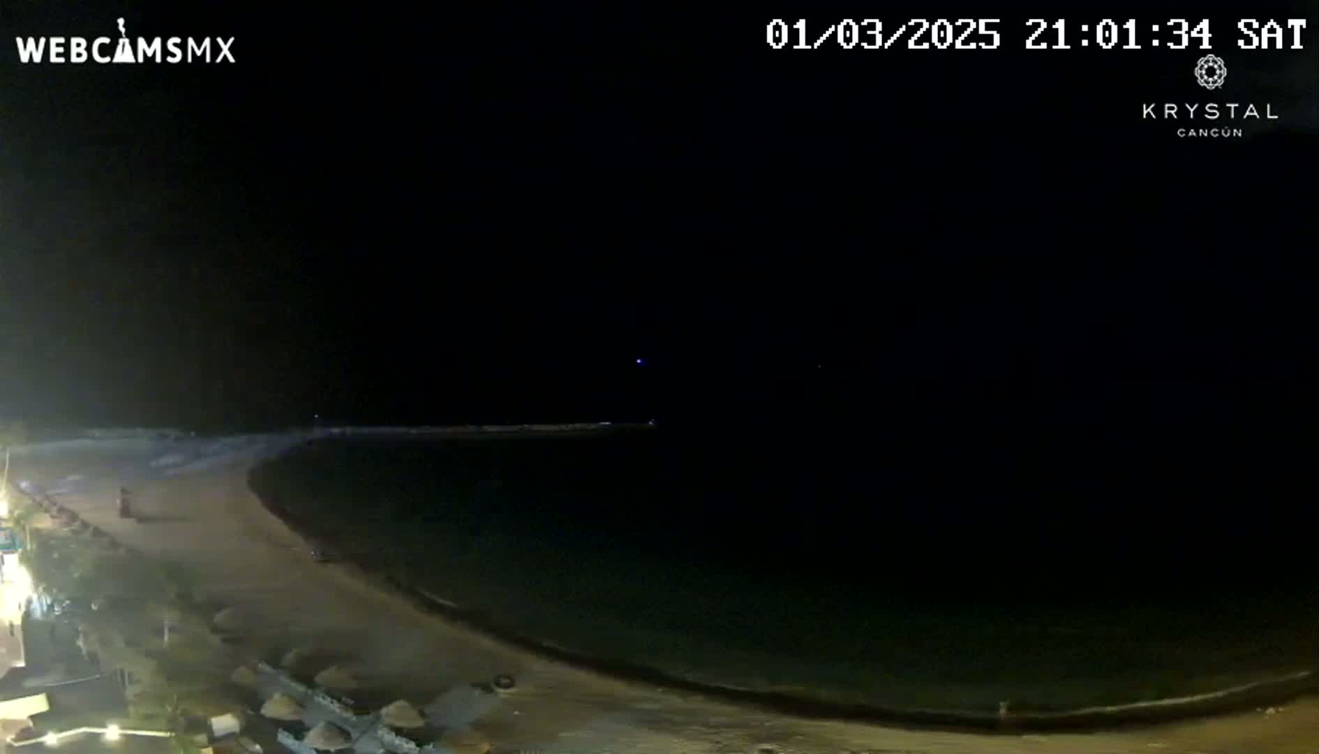 A dark, nighttime beach scene shows a calm ocean meeting a sandy shore under a clear sky.