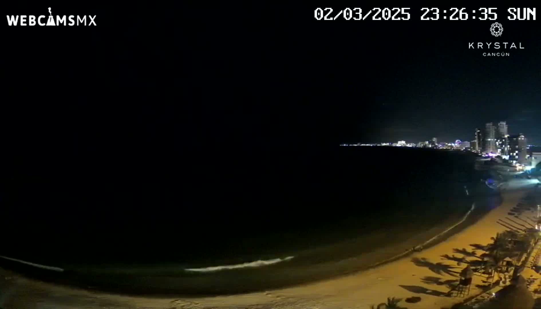 A nighttime beach scene shows a dark ocean with small waves lapping a sandy shore, illuminated by lights from a distant city skyline.