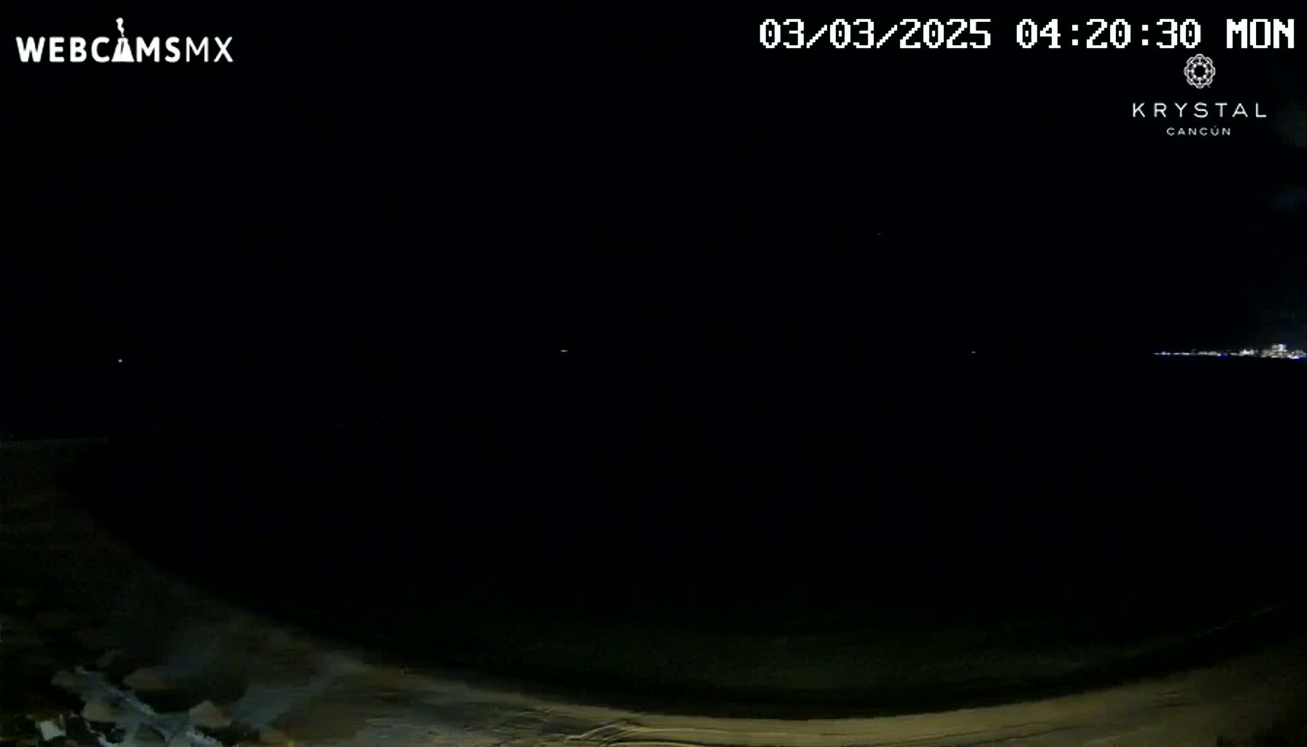 A dark nighttime beach scene shows a dark ocean and a dimly lit shoreline under a clear sky.