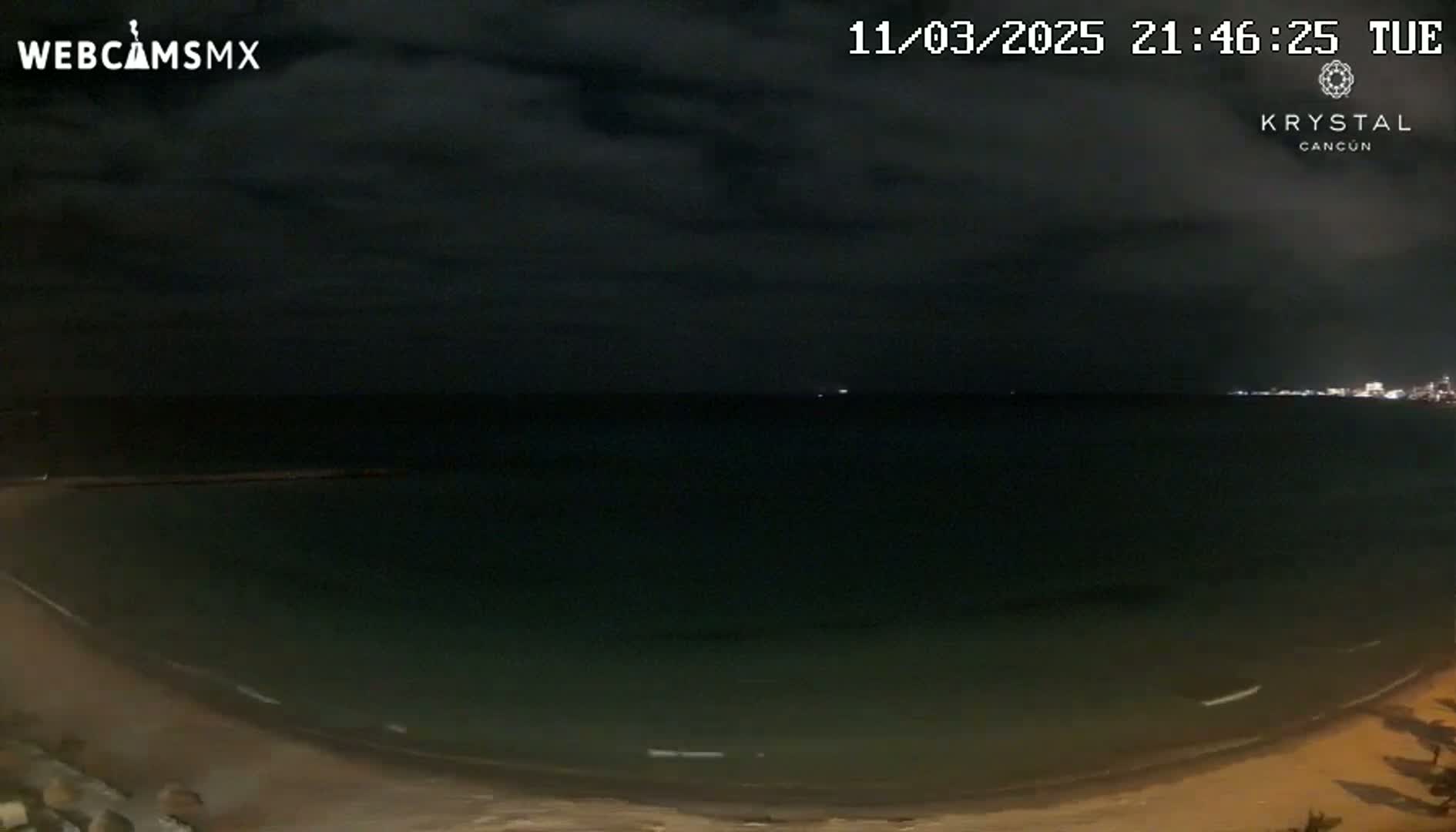 A dark, nighttime beach scene shows a calm, dark-green ocean under a cloudy sky.