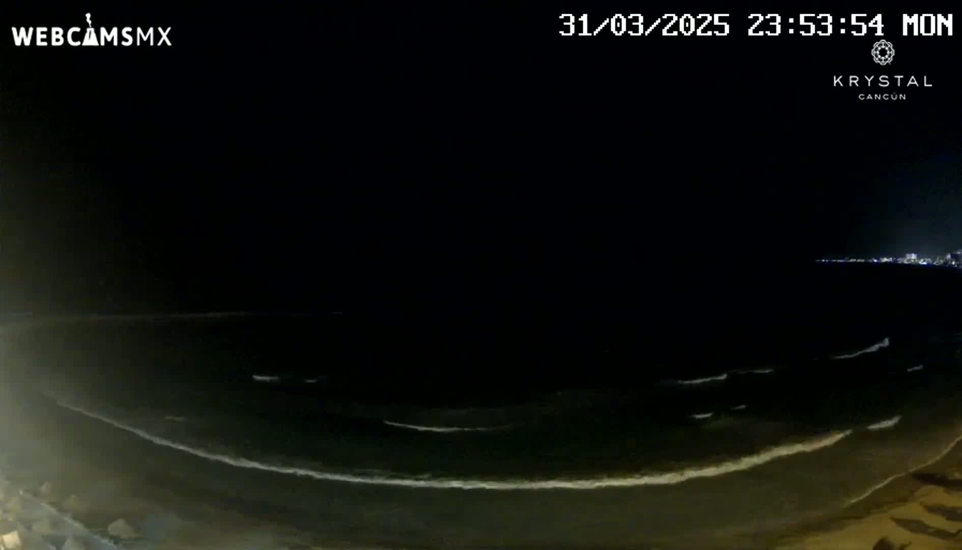A nighttime view of a dark ocean with small waves lapping a sandy shore under a clear, starless sky.