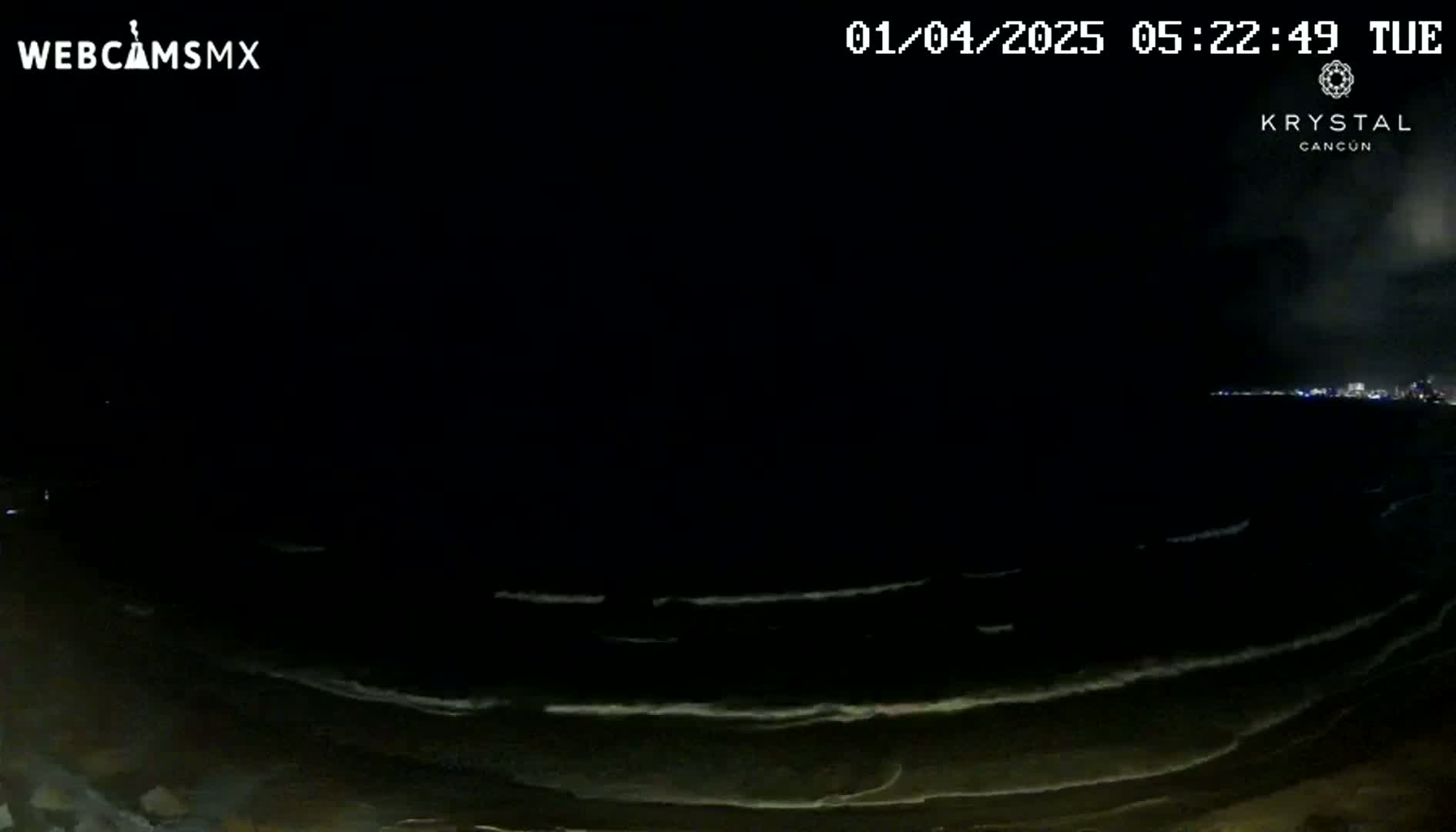 A nighttime view of a dark ocean with small waves gently lapping the shore under a cloudy sky.