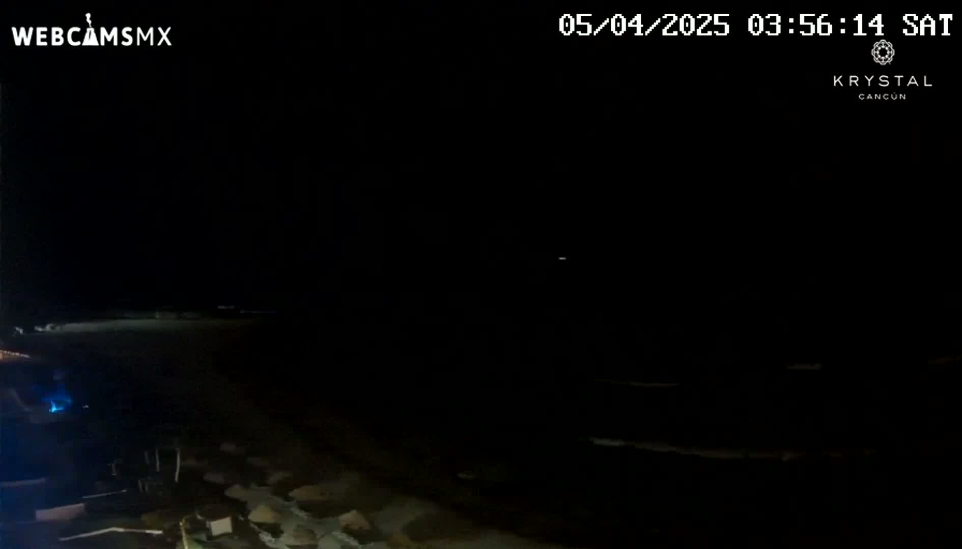 A nighttime, dark view of a beach with a calm ocean under a clear sky.