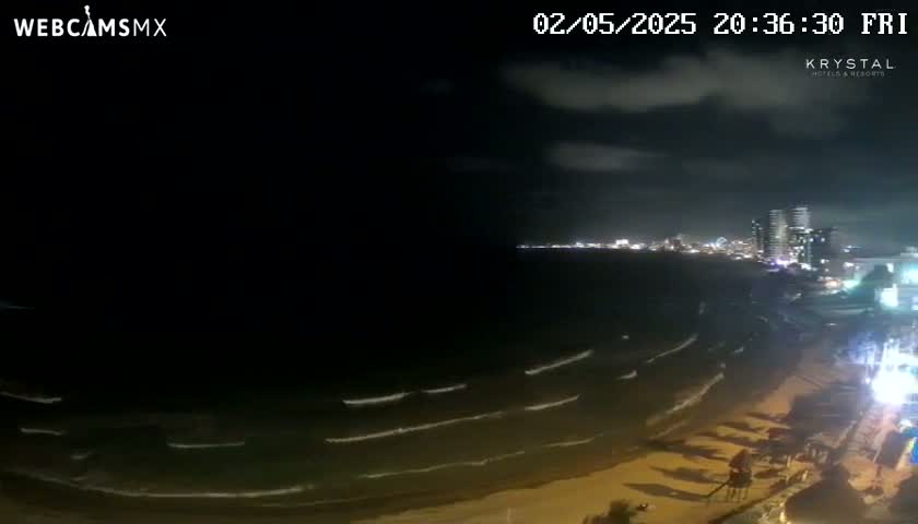 A nighttime beach scene shows dark ocean waves lapping a sandy shore under a partly cloudy sky, with city lights visible in the distance.