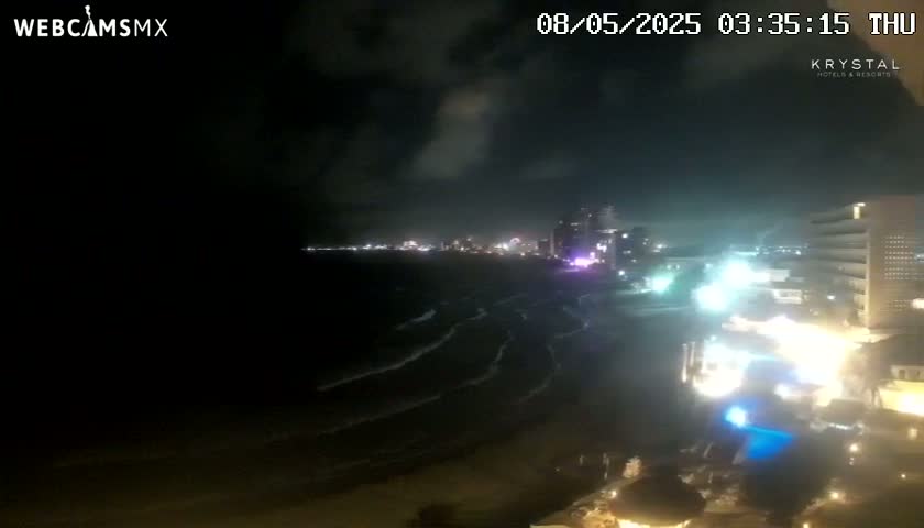 A nighttime view of a beach with gentle waves and a city skyline illuminated in the distance under a cloudy sky.