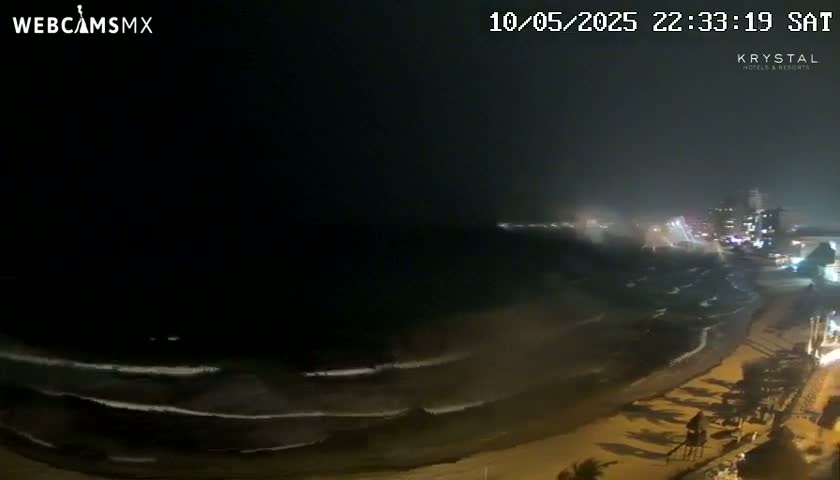 A nighttime view of a beach with dark, wavy ocean and a dimly lit shoreline under a cloudy sky.