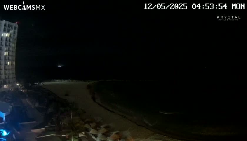A nighttime view shows a dark beach and ocean next to a tall building under a clear, dark sky.
