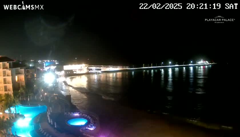 A nighttime view of a resort beach area with a pier extending into calm water, illuminated by lights, under a clear, dark sky.