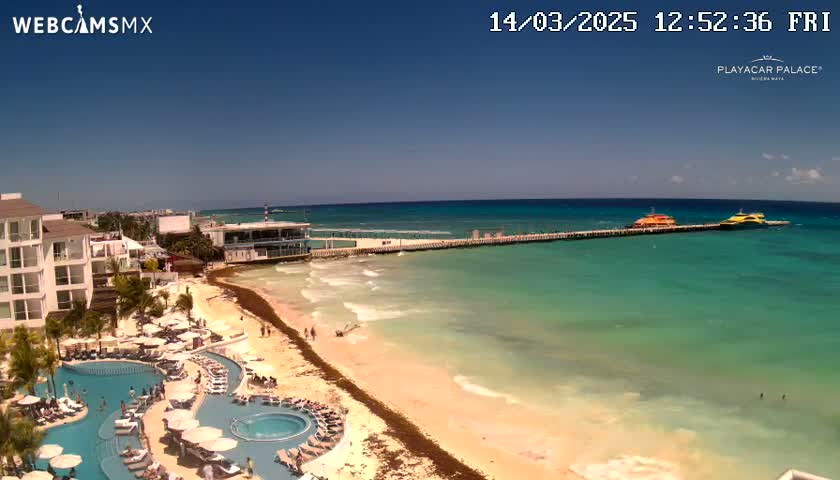 A resort with pools overlooks a long pier and turquoise ocean on a sunny day with a sandy beach showing some seaweed.