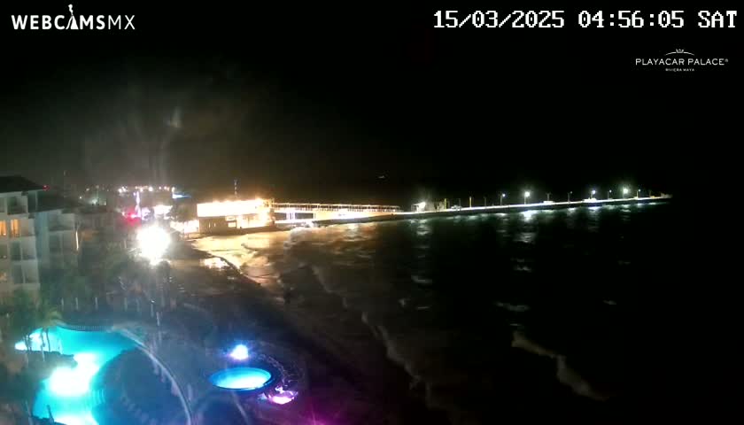 A nighttime view of a beach with a lit-up pier extending into a wavy ocean, illuminated pools and buildings are visible in the foreground.