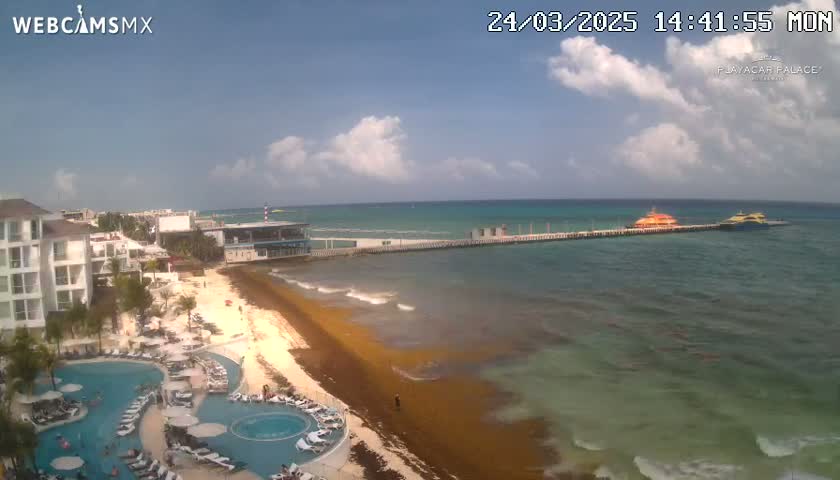 A partly cloudy day shows a resort with pools overlooking a beach with brown seaweed along the shoreline, a pier extending into turquoise water with two boats docked, and a white building complex behind the beach.