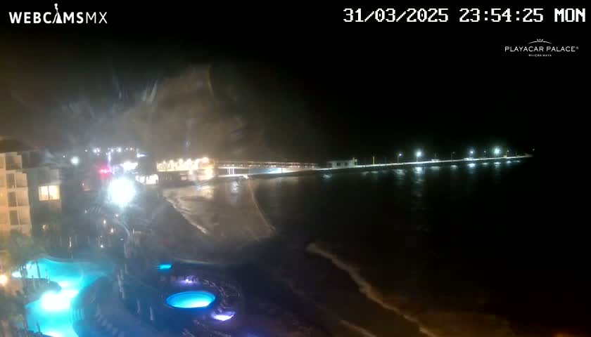 A nighttime view of a coast shows a beach with waves, a lit-up pier, and a building with a pool illuminated in blue.