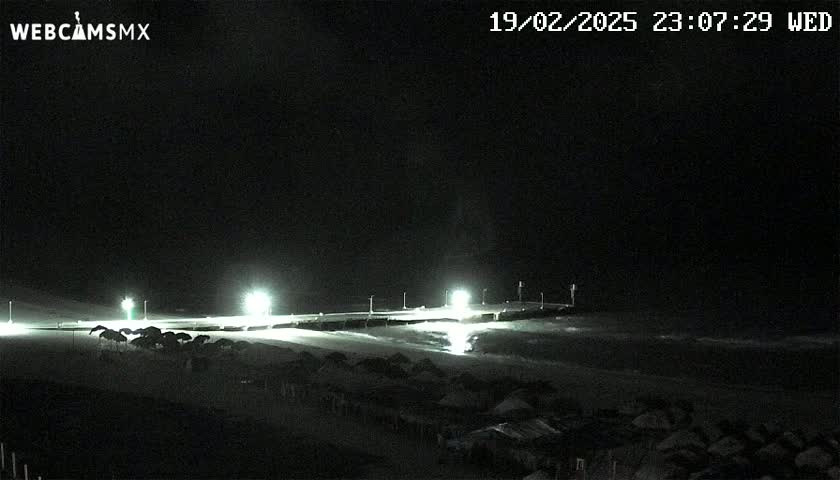 A nighttime beach scene with dimly lit structures and a dark ocean under a clear, starless sky.