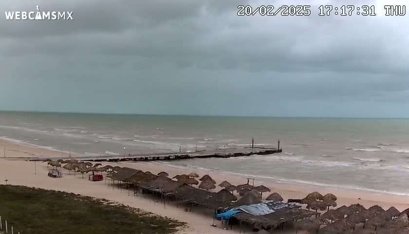 A beach with numerous thatched umbrellas under an overcast sky and a somewhat choppy sea.