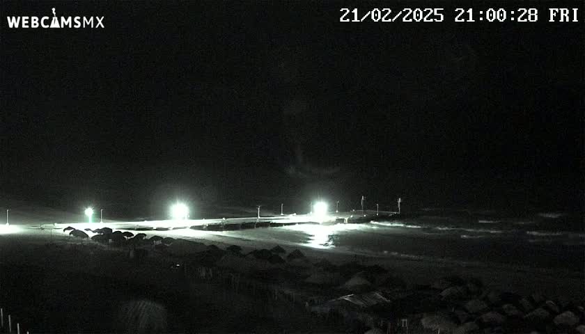 A nighttime beach scene shows a dark ocean with small waves under a clear, black sky, illuminated by lights along a pier and on the beach where numerous dark structures are visible.