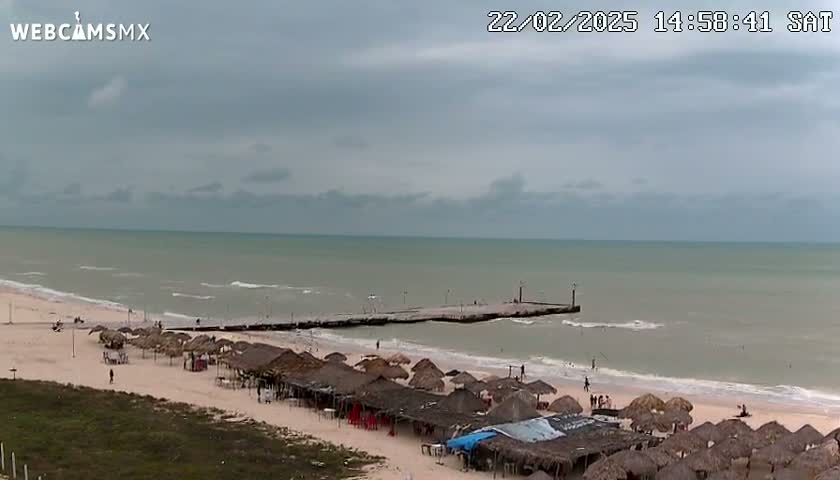 A beach with numerous thatched umbrellas under an overcast sky shows a calm sea with a pier extending into the water.
