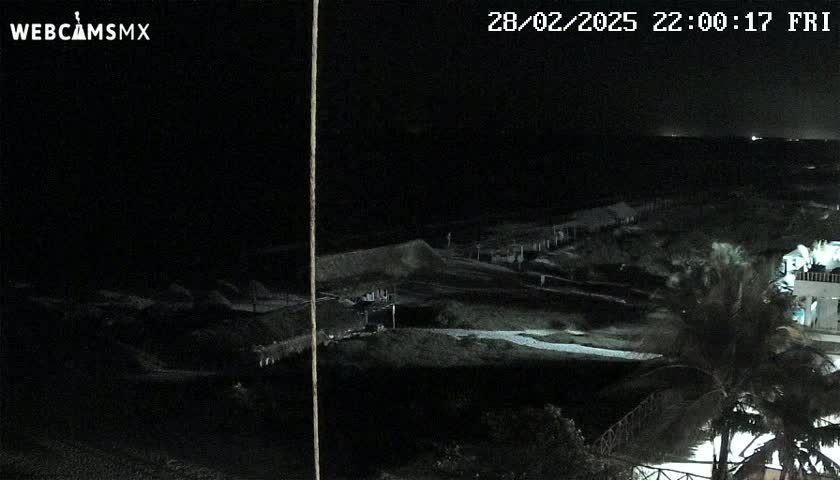 A nighttime, low-light view of a dark beach with a partially visible ocean and some buildings in the distance.