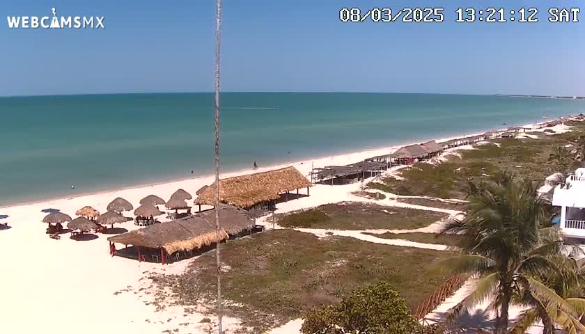 A sandy beach with numerous thatched-roof structures and palm trees is visible under a clear, sunny sky, next to a calm, light-blue ocean.