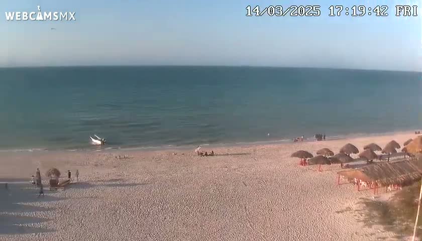 A sandy beach with thatched umbrellas and a calm, blue ocean under a clear sky is visible from an elevated vantage point.