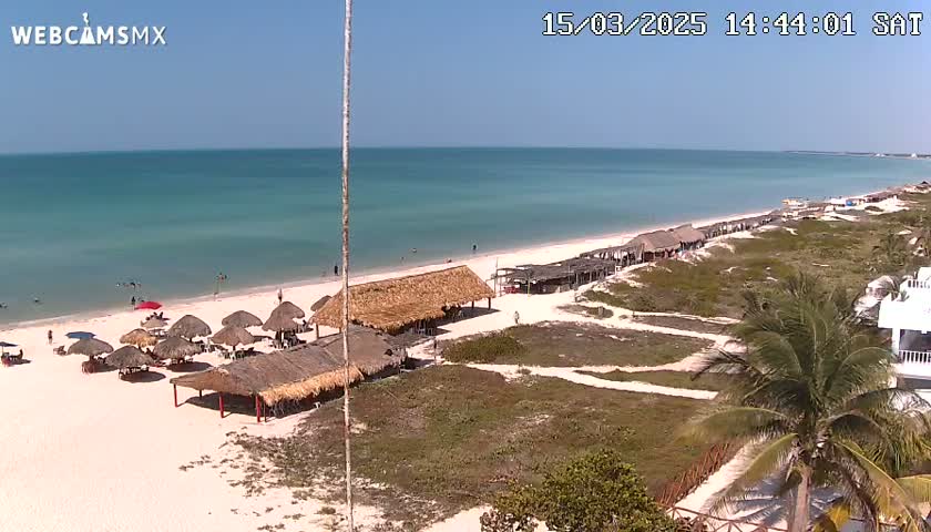 A beach with calm, light-blue water, thatched-roof structures, and sparse vegetation under a clear, sunny sky.