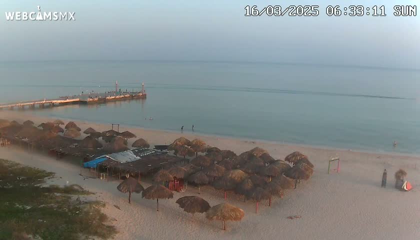 A sandy beach with numerous thatched umbrellas and a pier extends into a calm, light-blue ocean under a hazy sky.